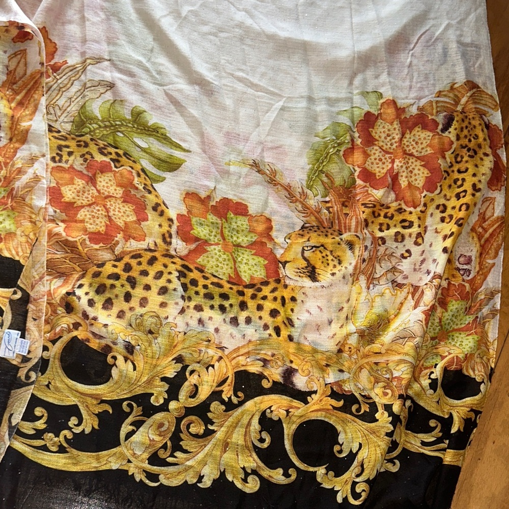 Elegant Leopard Print Scarf with Floral Accents